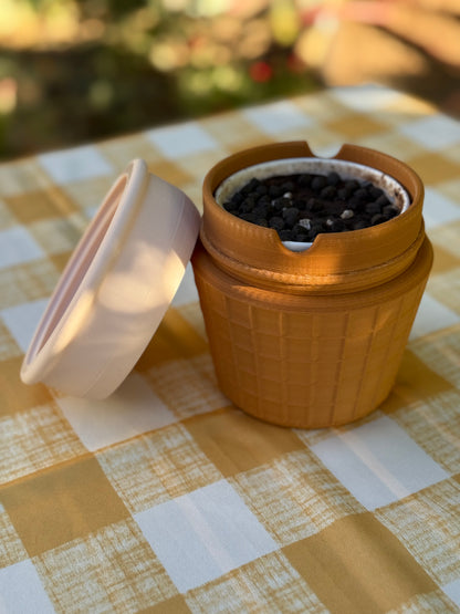 portable ice cream cooler open with ice cream, with lid on a checkered tablecloth, ice cream portable cooler, ice cream pint cooler