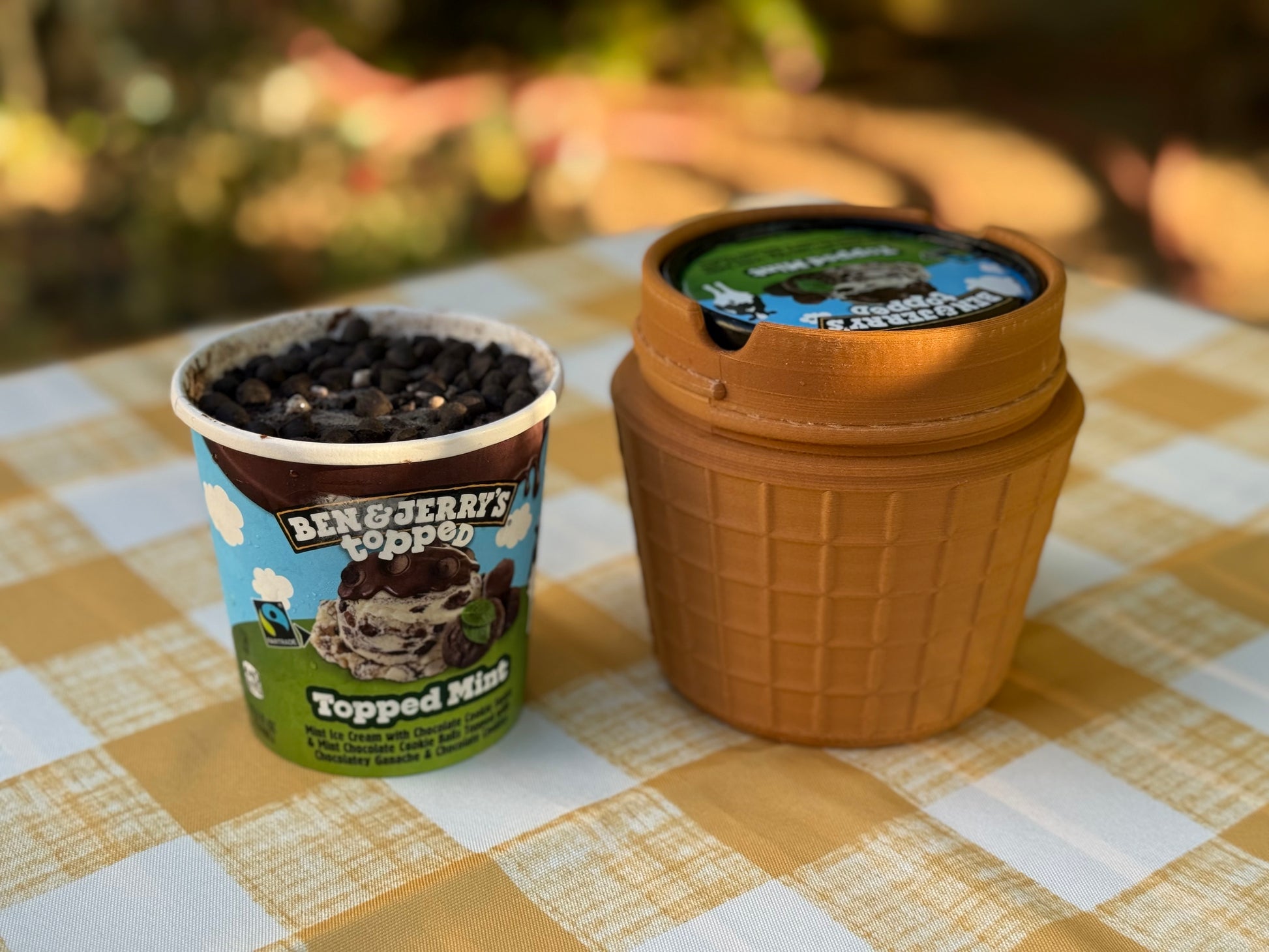 PintPod Portable Ice Cream Cooler, front angle showing  Ice Cream Pint Cooler next to ice cream, Ice Cream Portable Cooler